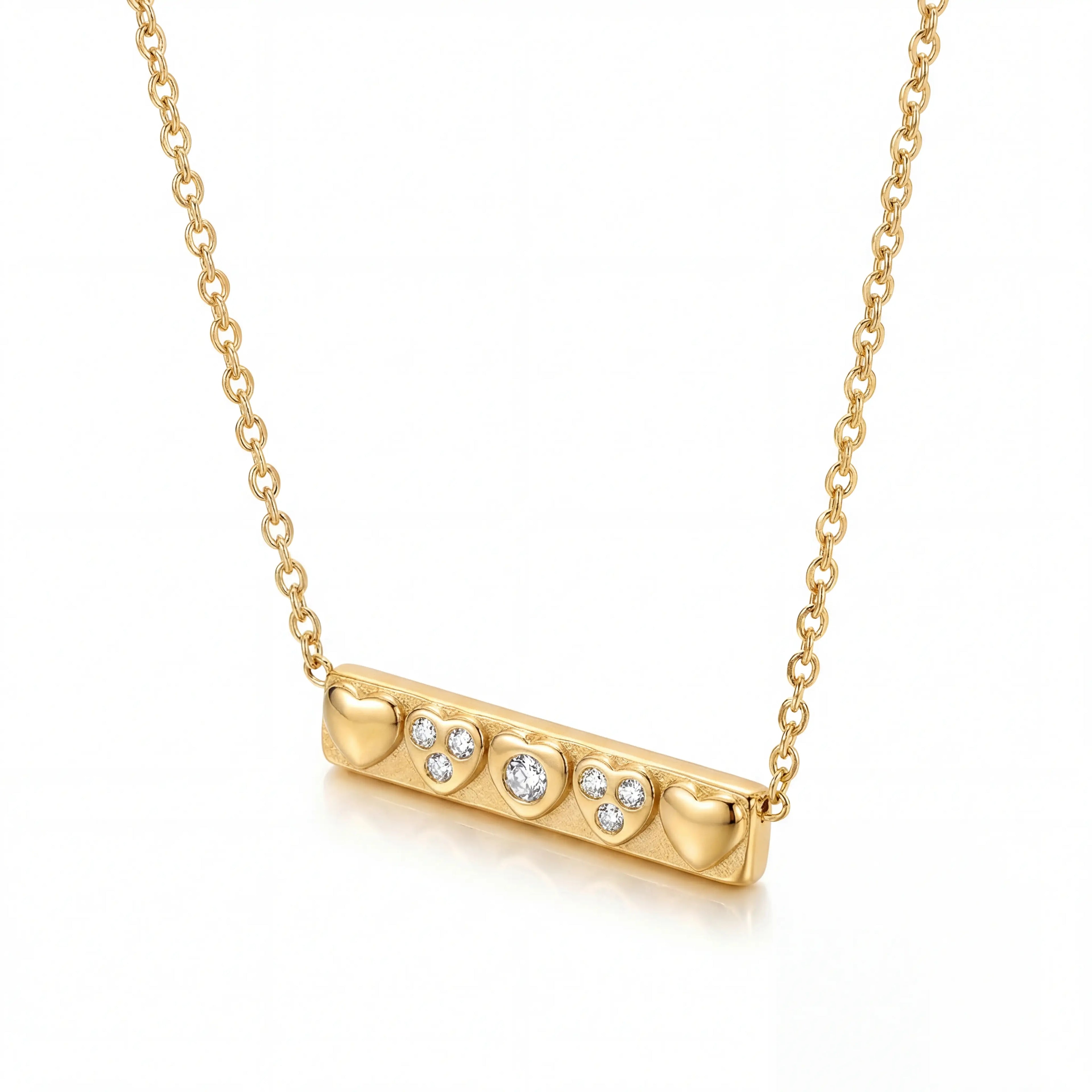 Gold horizontal bar pendant necklace with heart motif waterproof stainless steel.