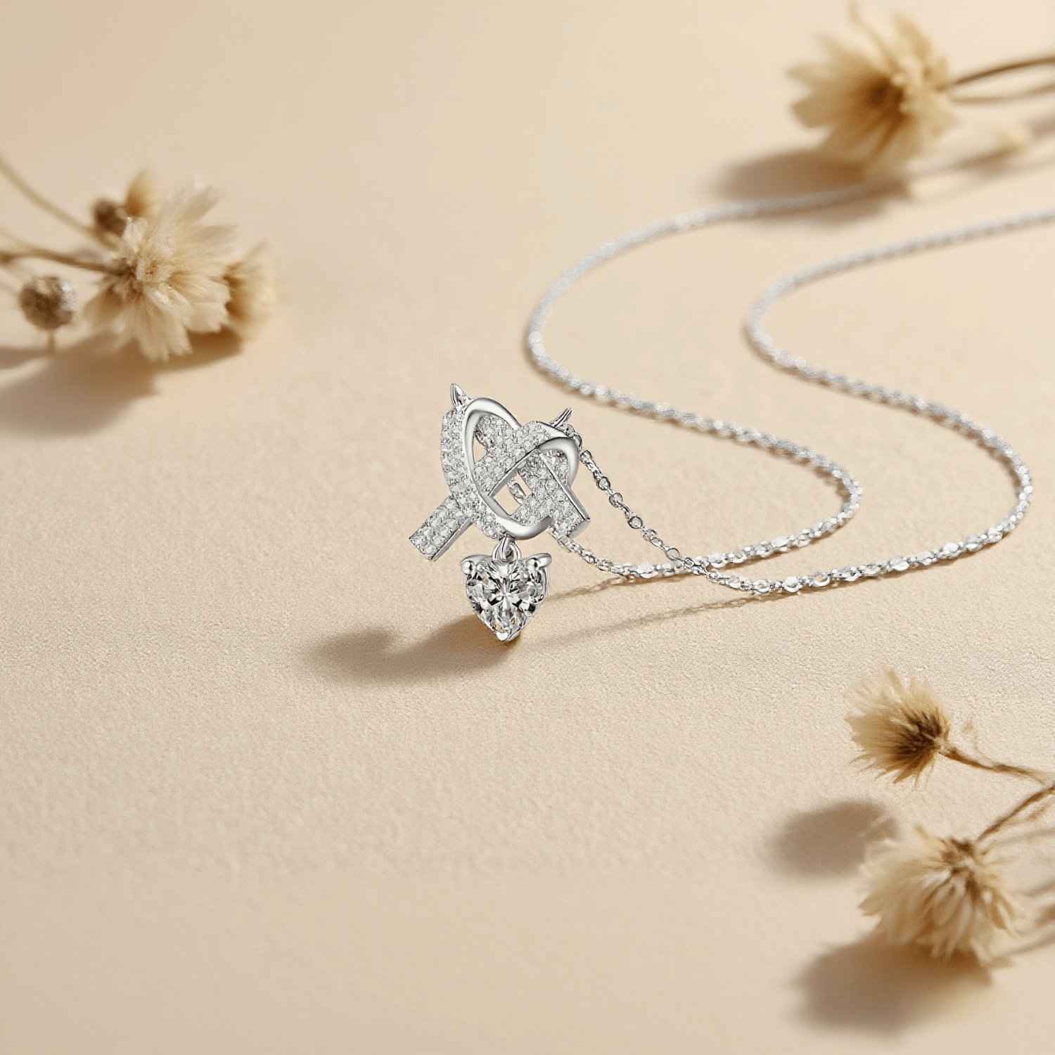 Lovebound Heart Moissanite Necklace — heart shaped moissanite pendant in sterling silver on delicate chain, romantic and luminous.