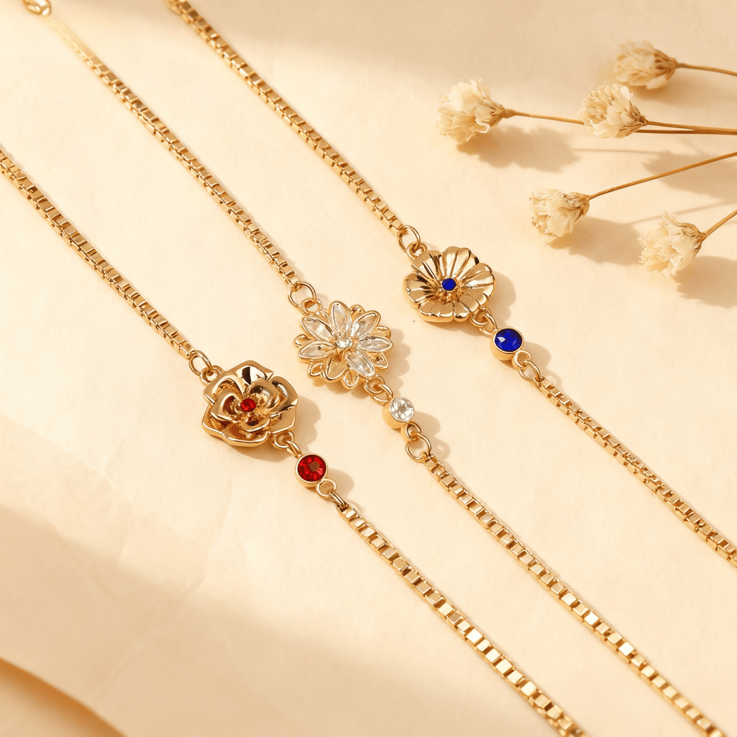 Birth Flower Bracelet | Dainty Gold Box Chain with Birthstone