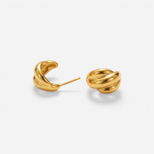 18k gold plated stainless steel croissant hoops, anti-tarnish twisted rope earrings, vintage style gold jewelry isolated on white background.