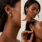 Gold croissant dome earrings on dark skin tone, elegant twisted hoop design, lightweight and comfortable jewelry for work or casual wear.
