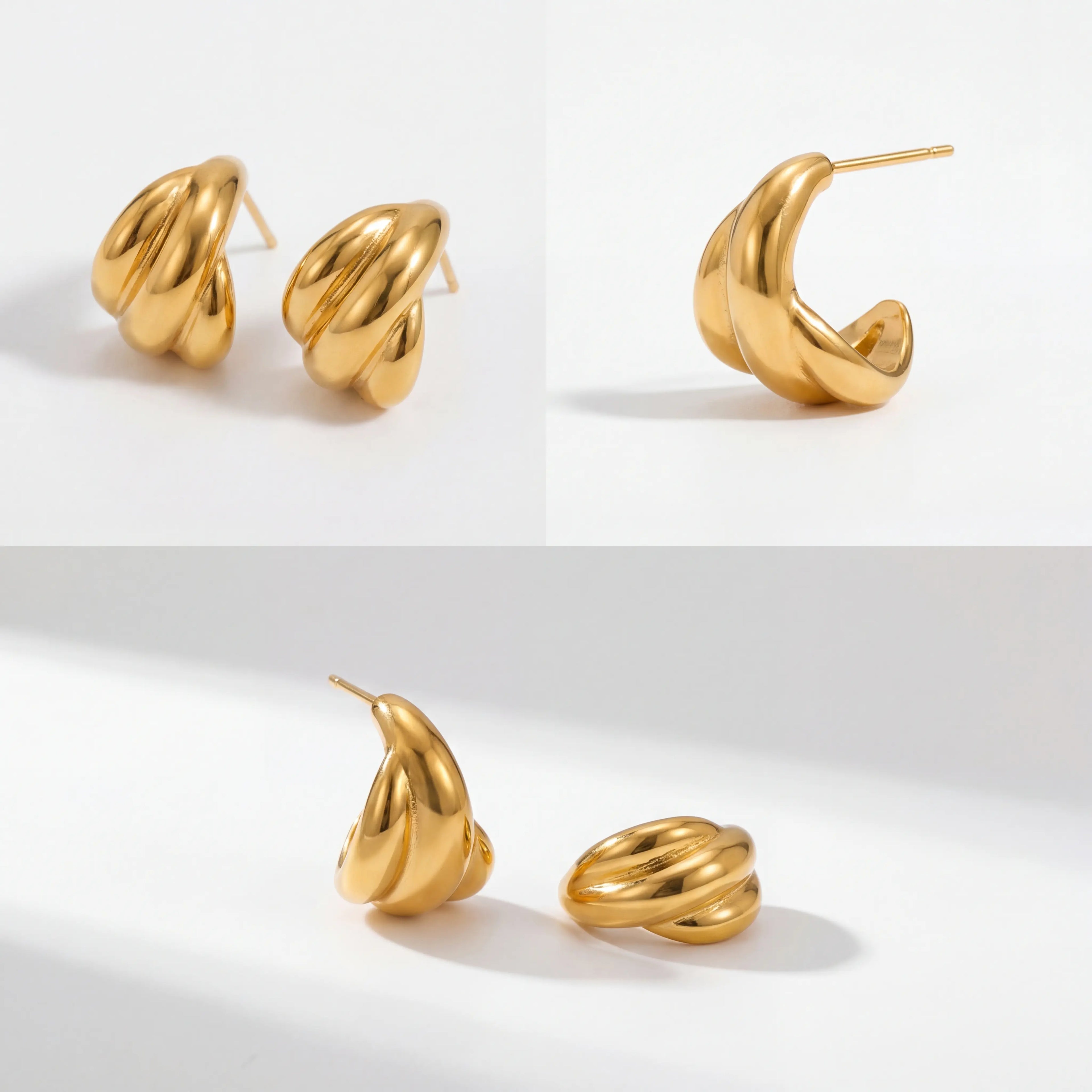 Aesthetic photography of gold croissant earrings, trendy twisted hoop design, high-quality waterproof jewelry gift ideas for women 2026.