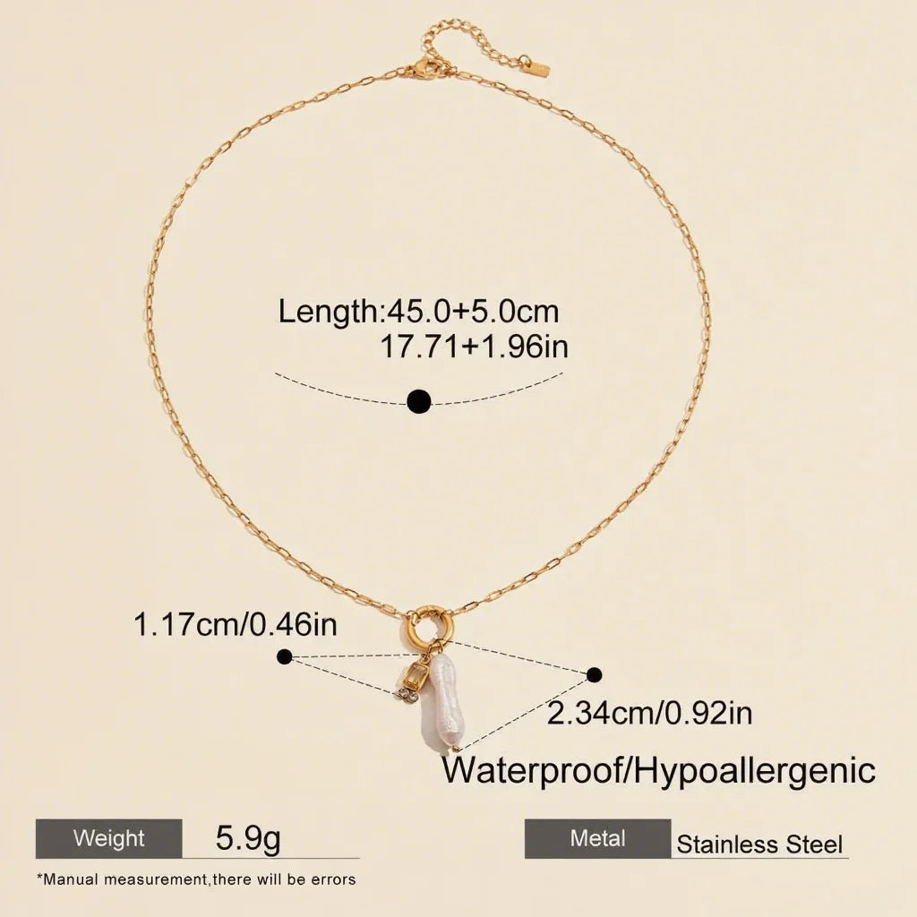 Product specification graphic for The Astoria Necklace, detailing its chain length, charm size, weight, and icons for its waterproof and hypoallergenic materials.