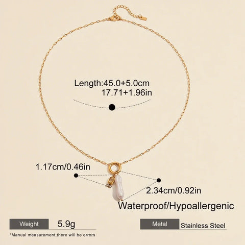 Product specification graphic for The Astoria Necklace, detailing its chain length, charm size, weight, and icons for its waterproof and hypoallergenic materials.