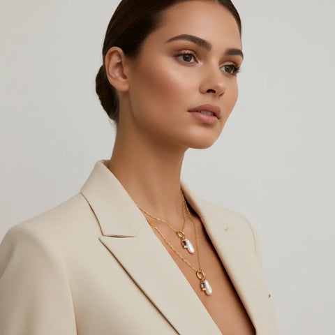 Side profile of a model with an elegant updo, wearing The Astoria Necklace to showcase how the baroque pearl and birthstone charm hang beautifully.