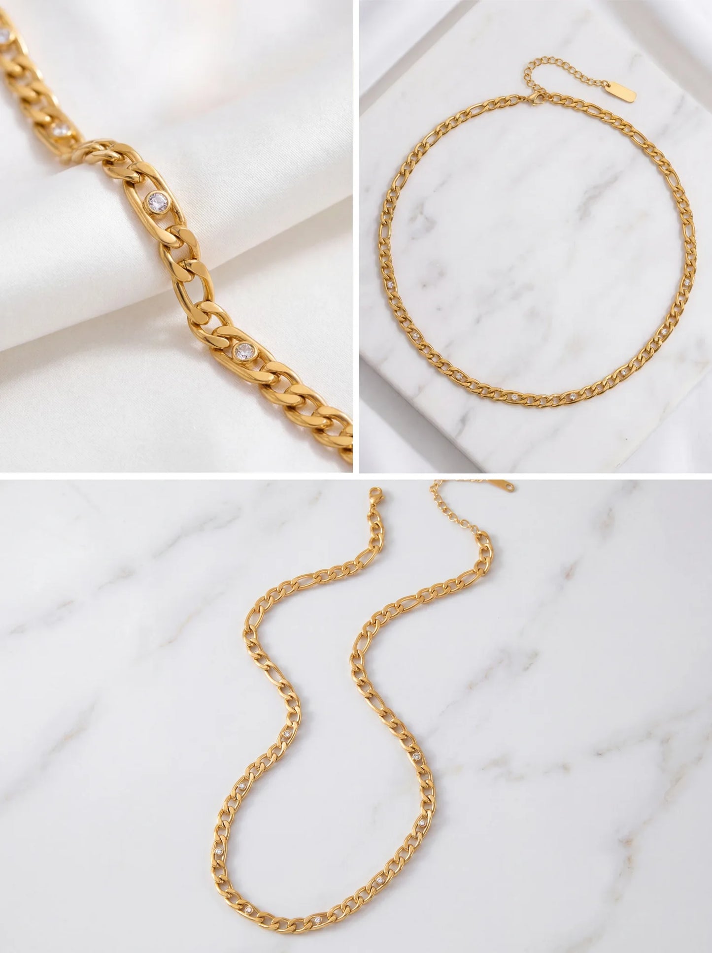 Aesthetic product photography collage of gold pave chain necklace details on white marble and silk.