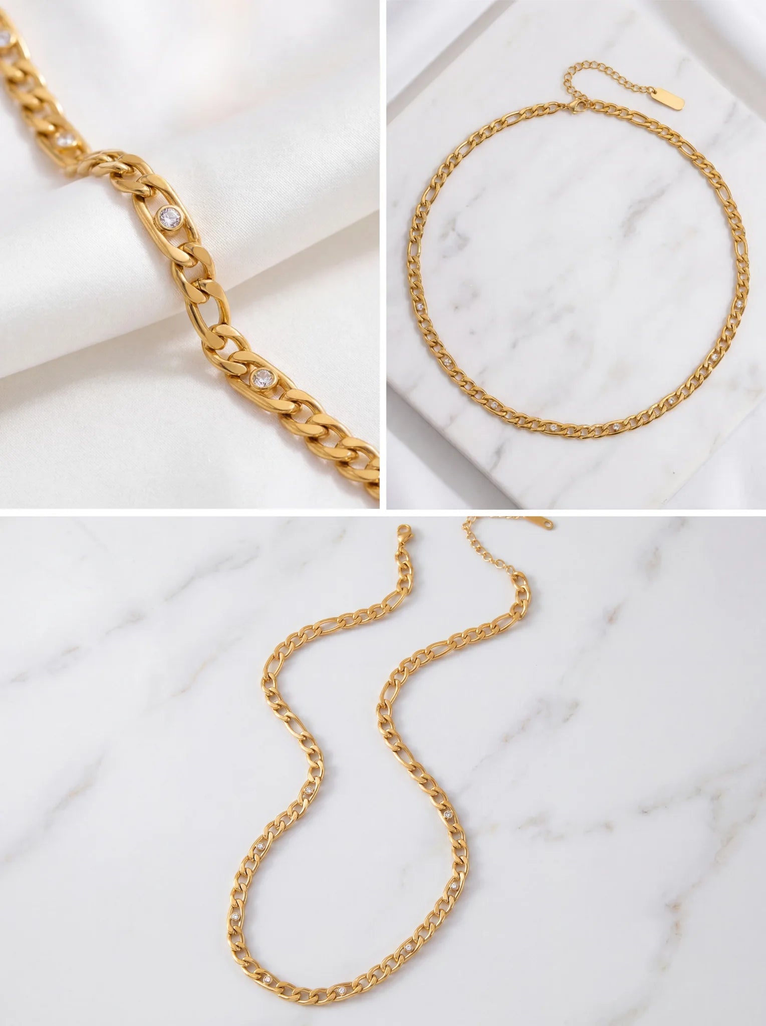 Aesthetic product photography collage of gold pave chain necklace details on white marble and silk.