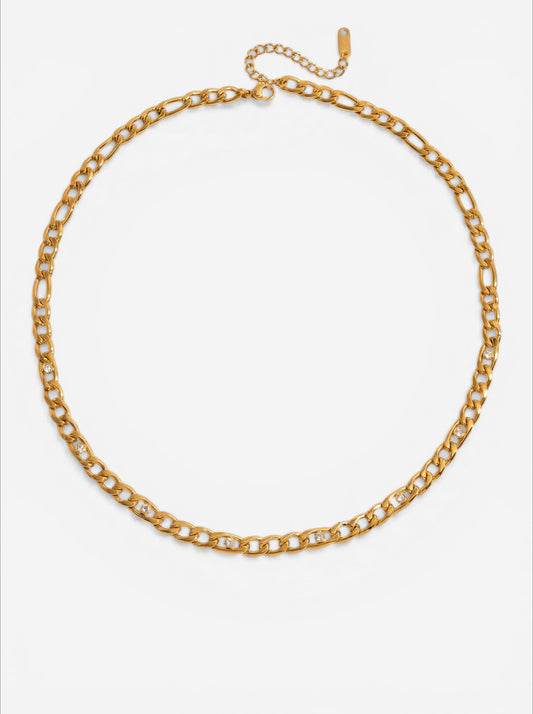 Gold chain necklace with sparkling crystal encrusted links waterproof stainless steel jewelry.