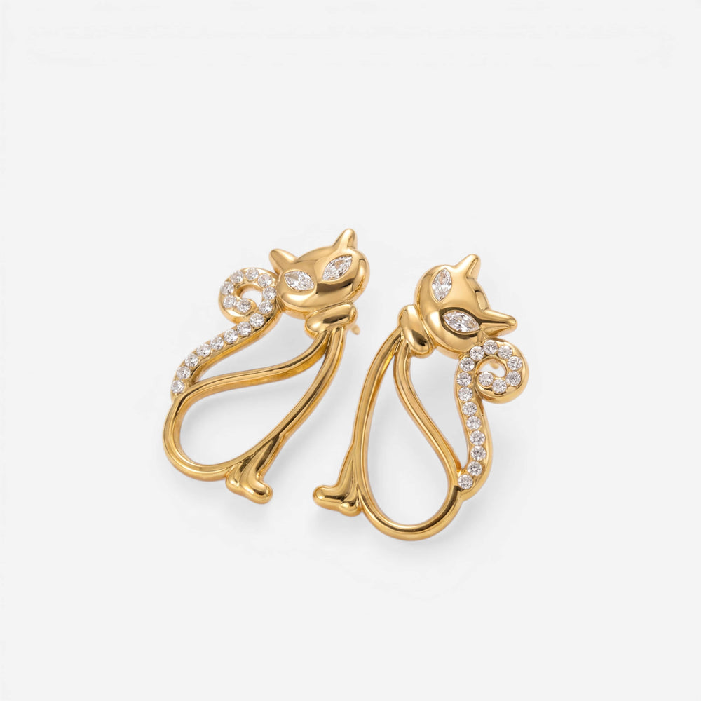 Pair of gold outline cat stud earrings with pave crystal tail waterproof stainless steel.