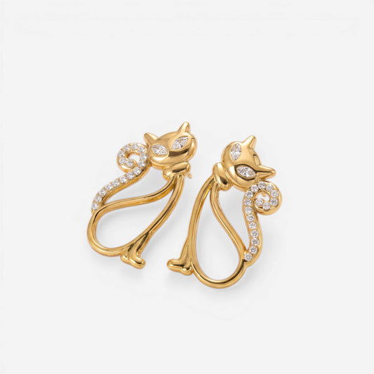 Pair of gold outline cat stud earrings with pave crystal tail waterproof stainless steel.