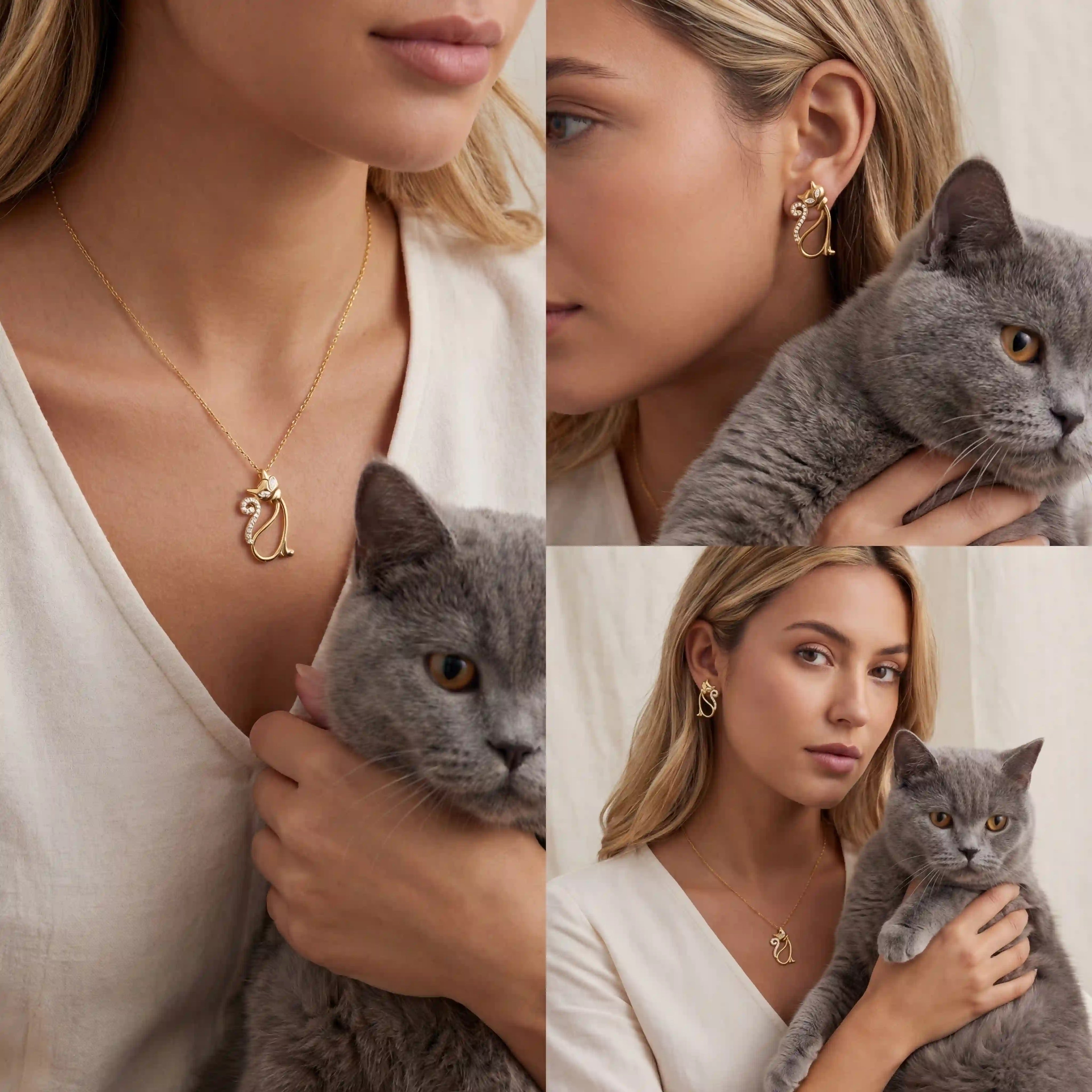 Lifestyle photography of blonde woman holding grey cat wearing matching gold cat jewelry.