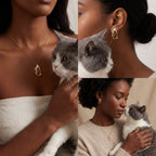 Model with dark skin hugging grey cat wearing gold Bastet earrings gift for cat lovers.