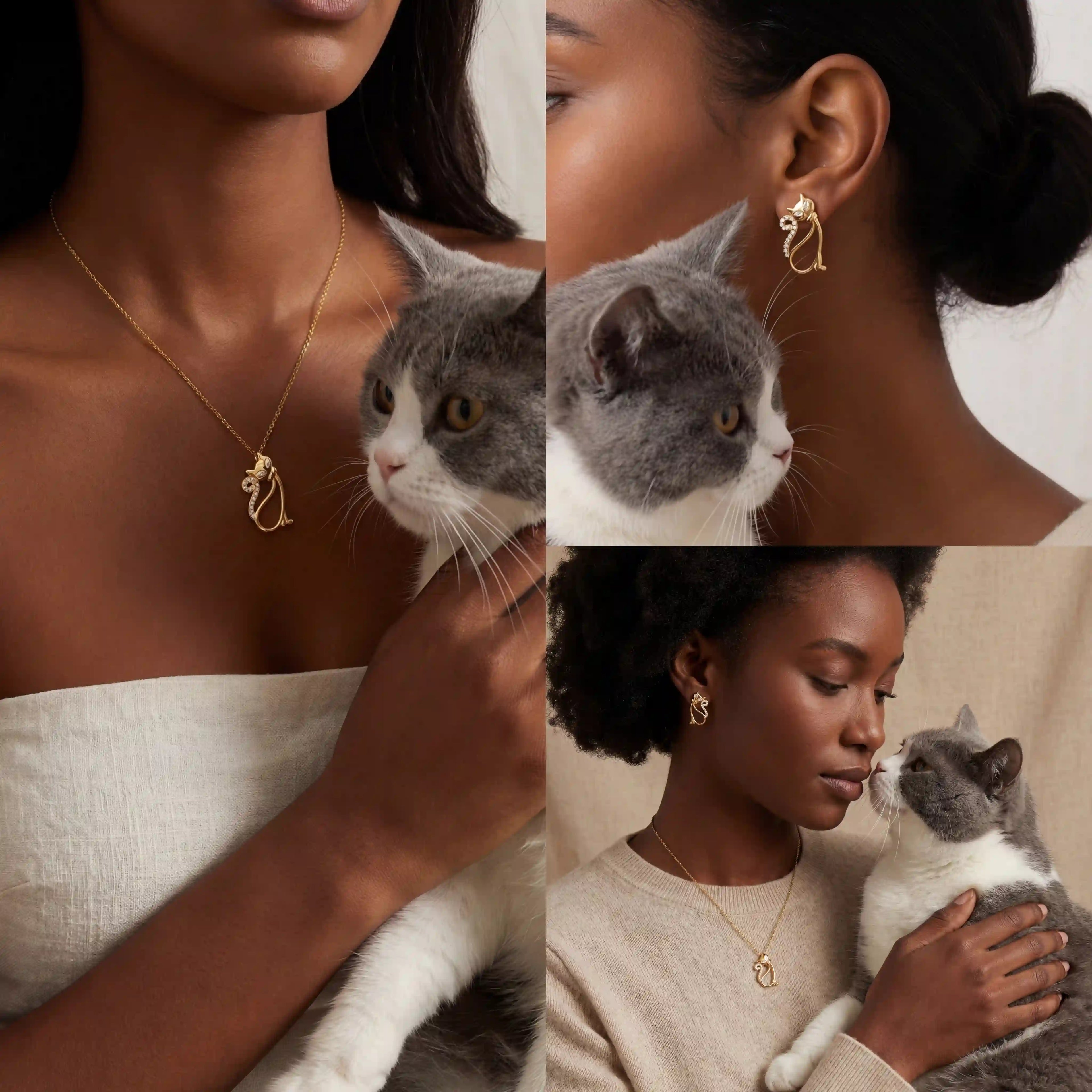 Model with dark skin hugging grey cat wearing gold Bastet earrings gift for cat lovers.