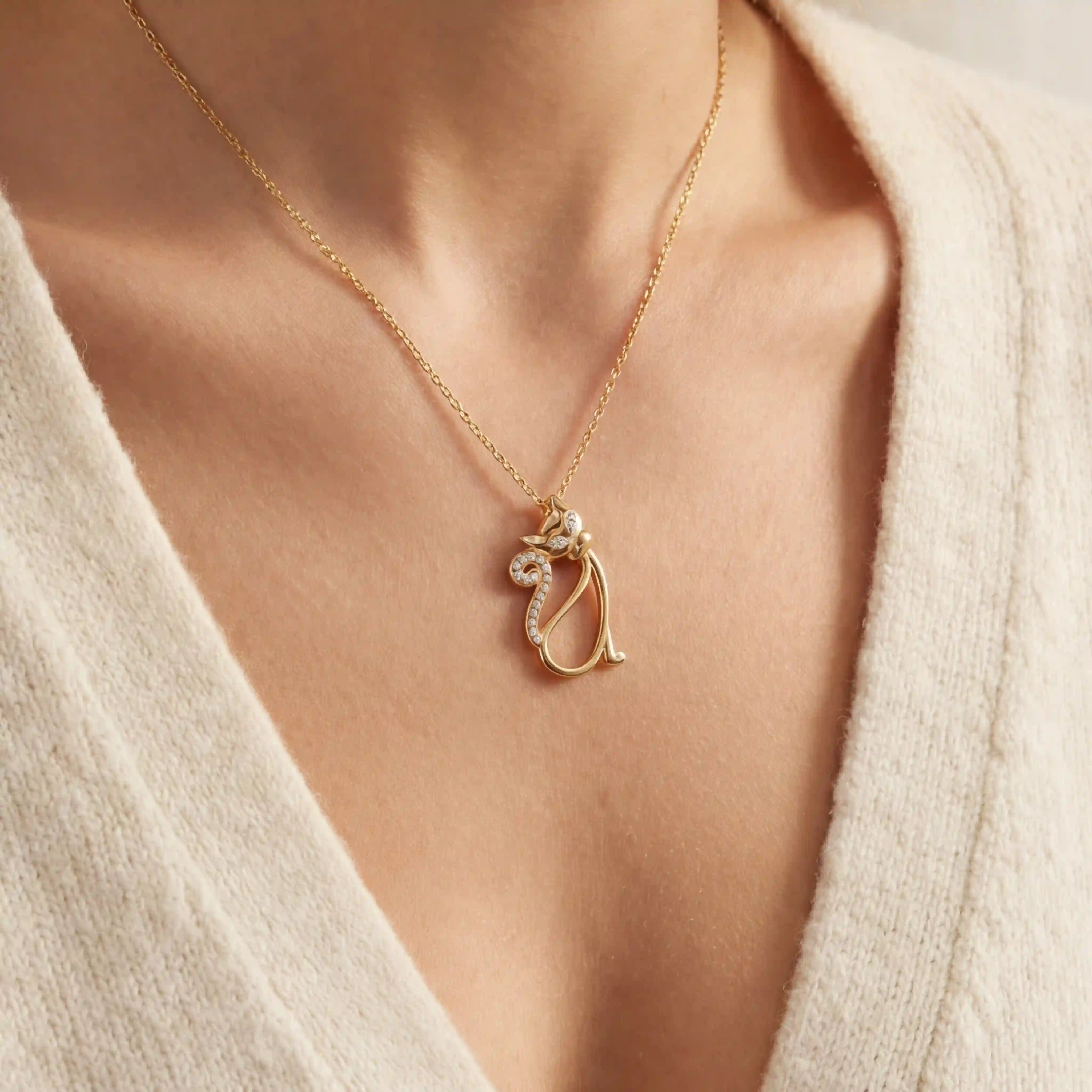 Close up of woman wearing gold Bastet crystal cat pendant necklace whimsical animal jewelry. Main image