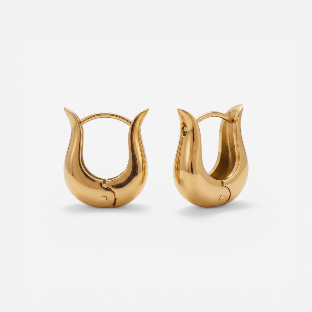 Pair of gold tapered U-hoops with organic calla lily shape waterproof stainless steel.