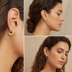 Lifestyle photography collage of brunette woman styling sculptural gold huggie hoops office look.