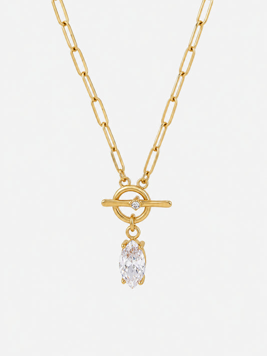 Celeste Marquise Toggle Necklace with gold paperclip chain and clear marquise-cut zircon pendant