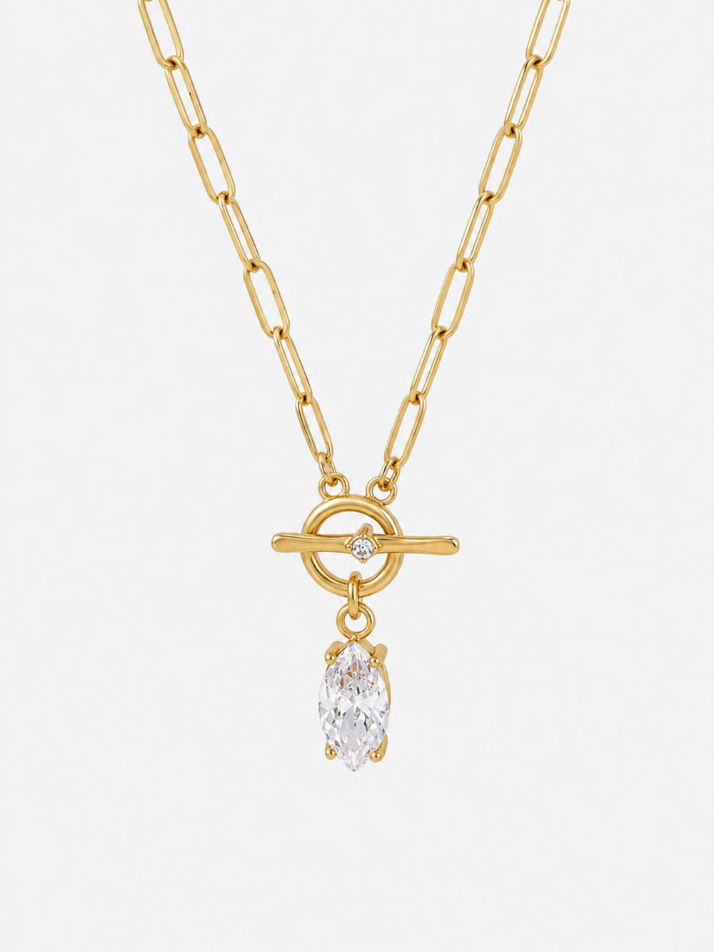 Celeste Marquise Toggle Necklace with gold paperclip chain and clear marquise-cut zircon pendant