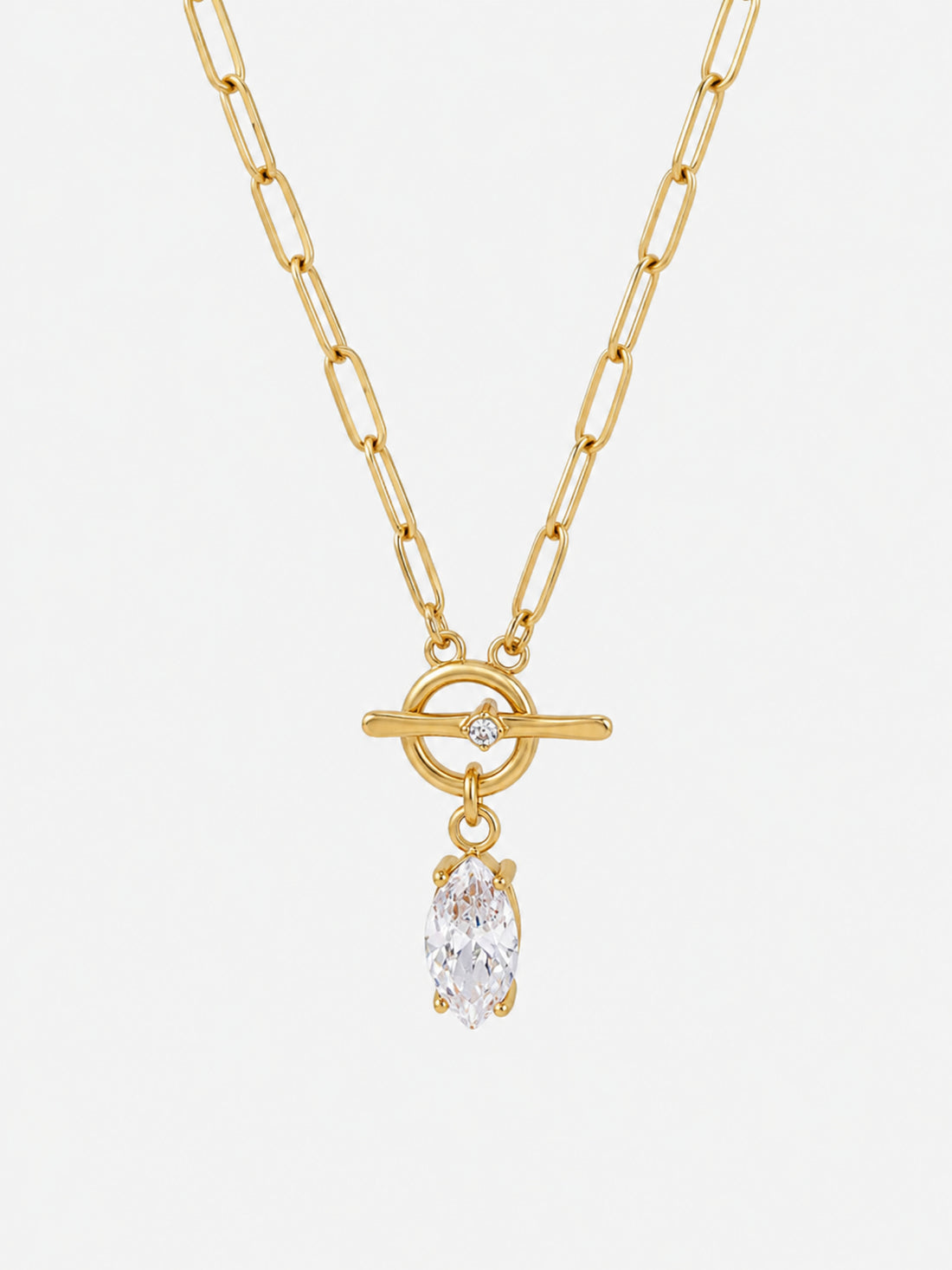 Celeste Marquise Toggle Necklace with gold paperclip chain and clear marquise-cut zircon pendant