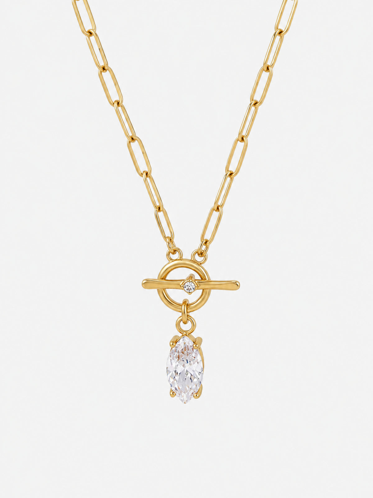 Celeste Marquise Toggle Necklace with gold paperclip chain and clear marquise-cut zircon pendant