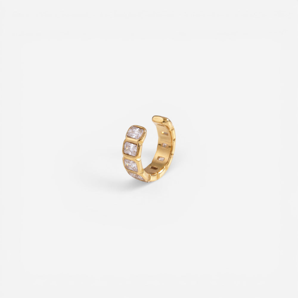 18k gold plated stainless steel ear cuff, emerald cut cubic zirconia clip on earring, waterproof non-tarnish jewelry isolated on white.