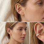 Woman wearing gold gemstone ear cuff, fake conch piercing style, comfortable daily jewelry that is waterproof and sweat-proof.