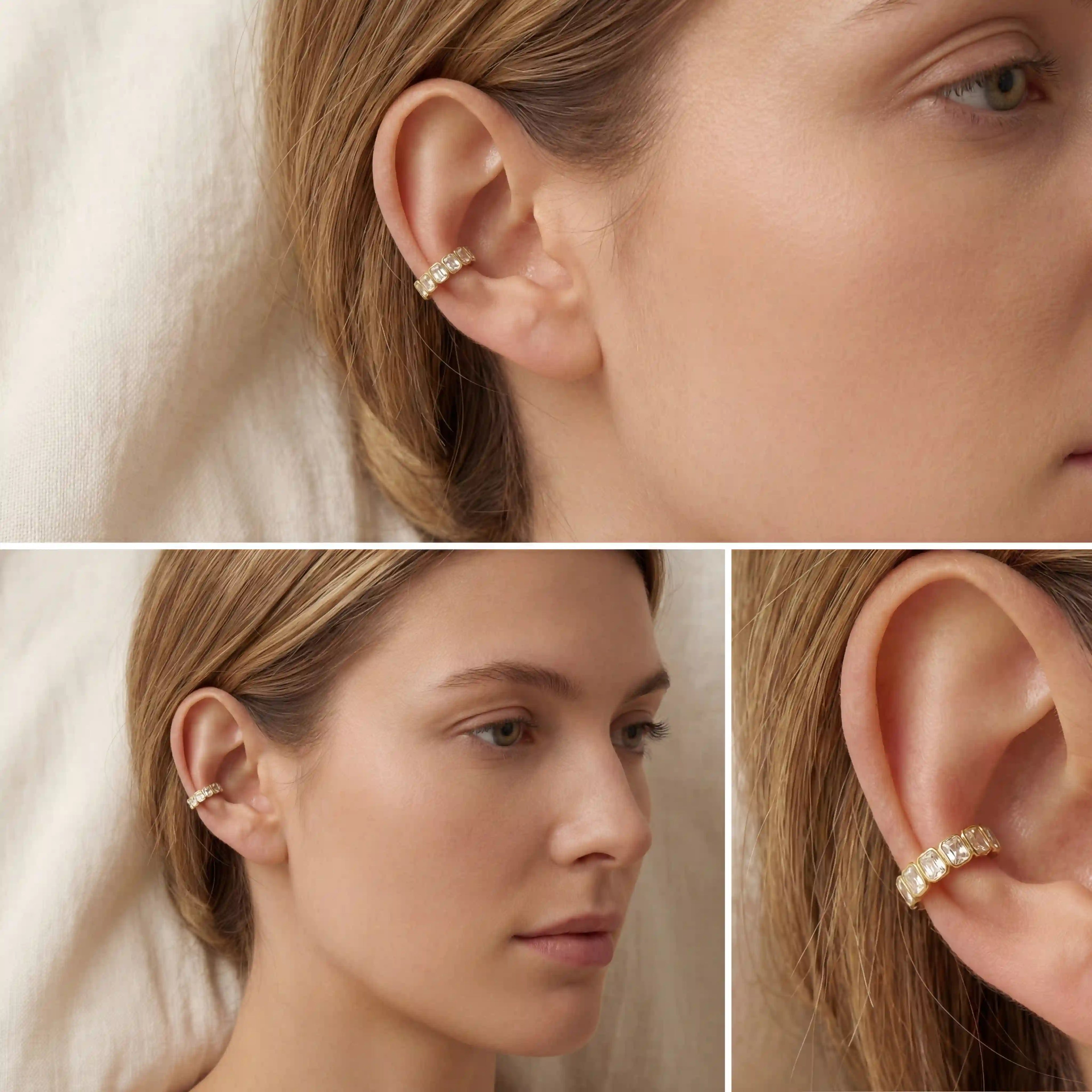 Woman wearing gold gemstone ear cuff, fake conch piercing style, comfortable daily jewelry that is waterproof and sweat-proof.