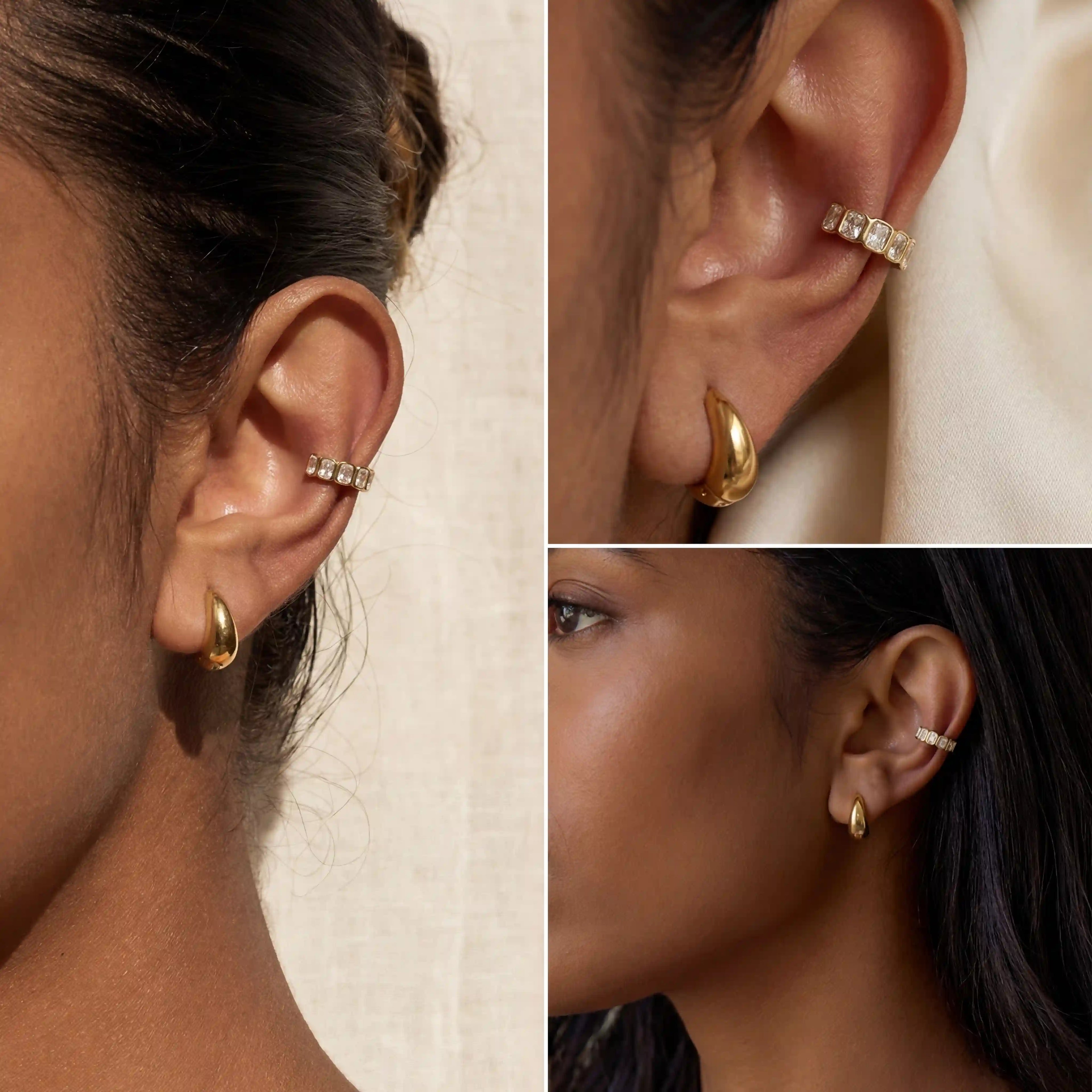 Emerald cut crystal ear cuff on dark skin tone, stackable gold ear accessories, luxury look without piercing for women.