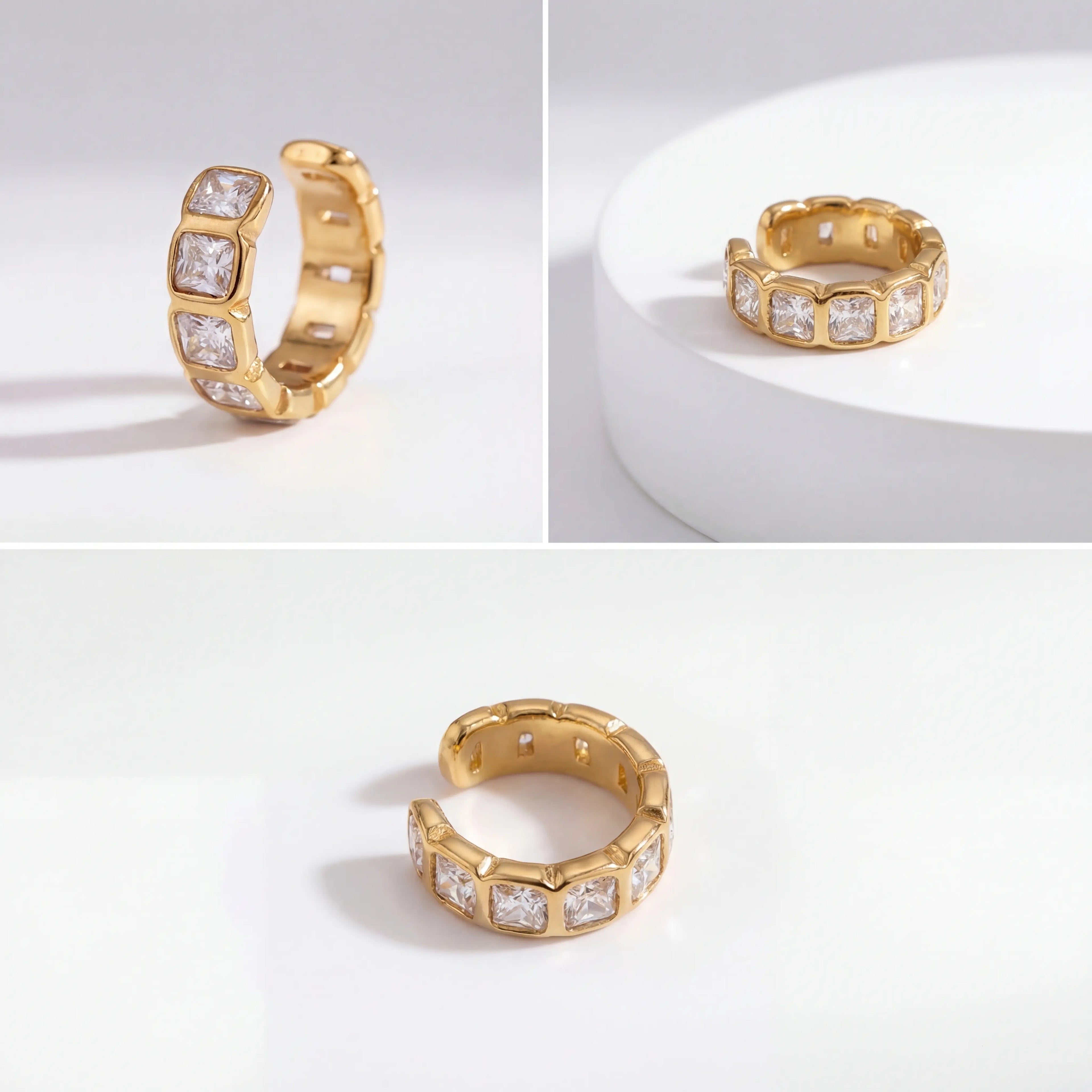 Aesthetic shot of gold diamond simulant ear cuff, trendy ear stack inspiration 2026, adjustable no-piercing jewelry gift ideas.