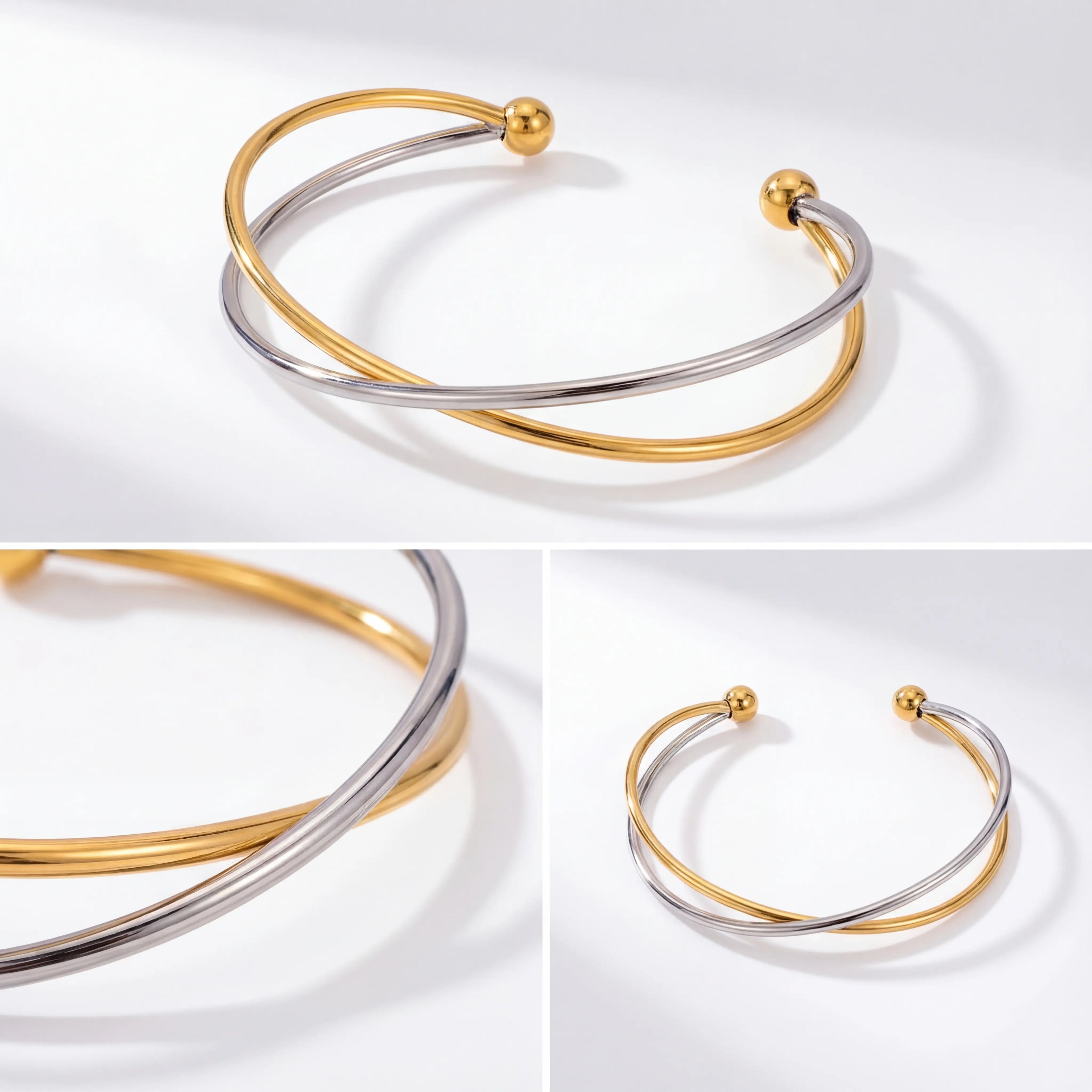 Two-tone mixed metal bangle gold and silver stainless steel jewelry details.
