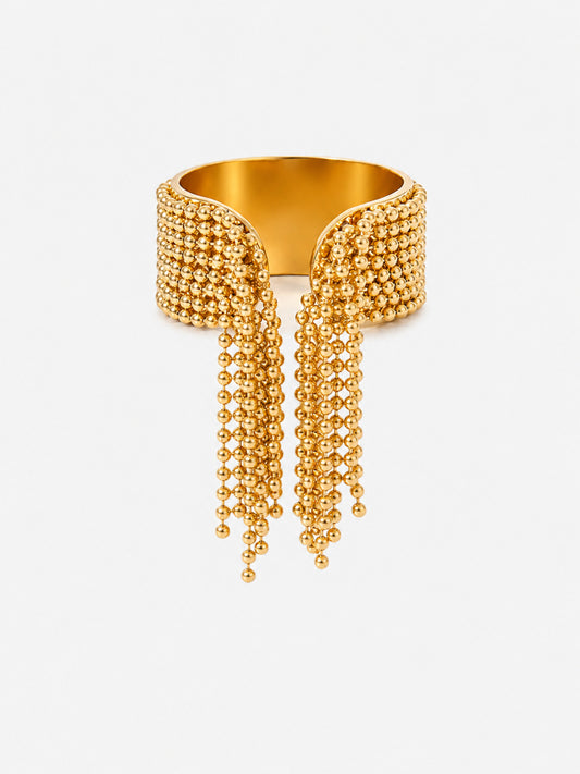 Danaë chain fringe ring in gold finish with cascading ball-chain tassels