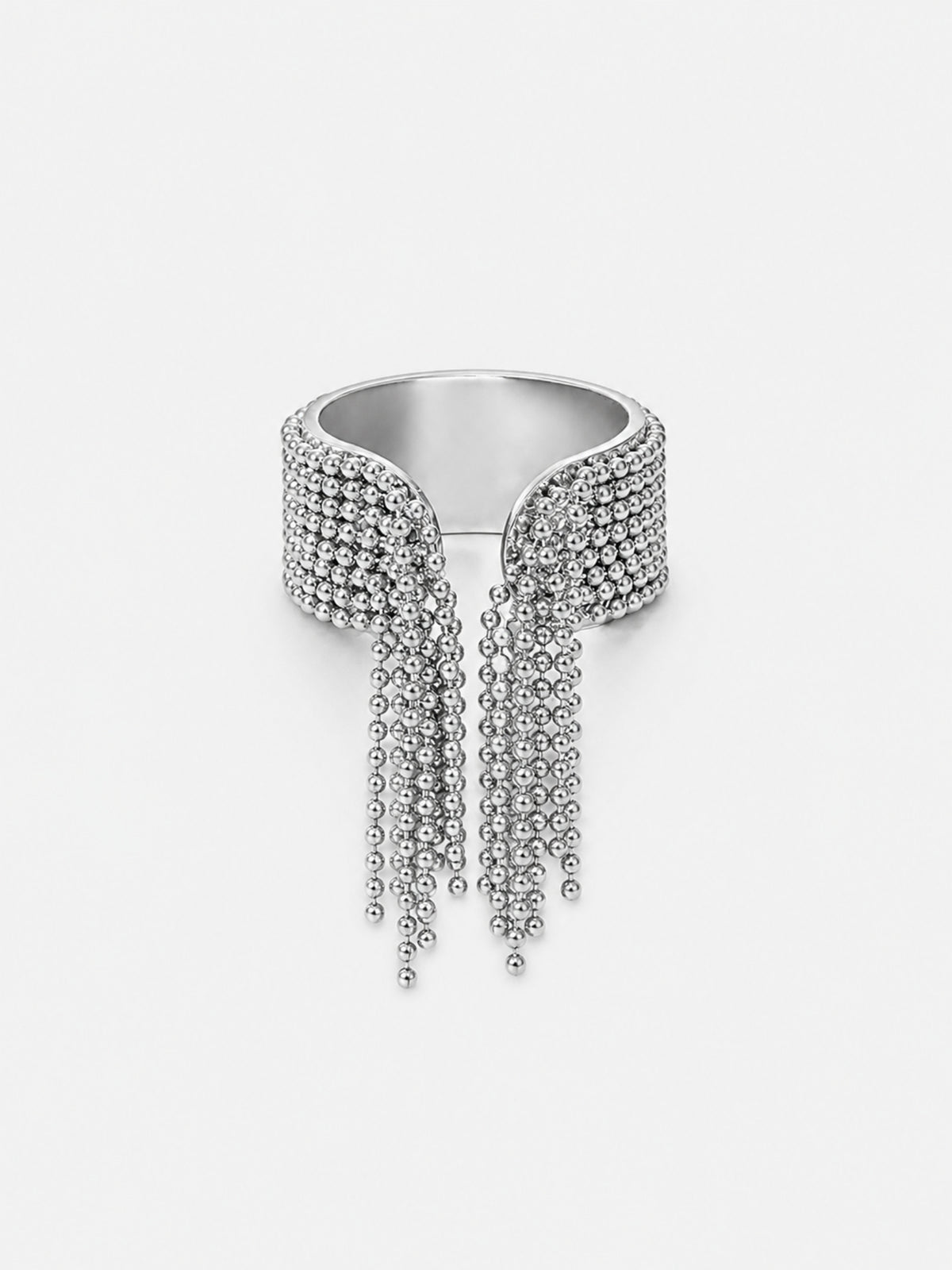 Danaë chain fringe ring in polished silver-tone finish with cascading ball-chain tassels