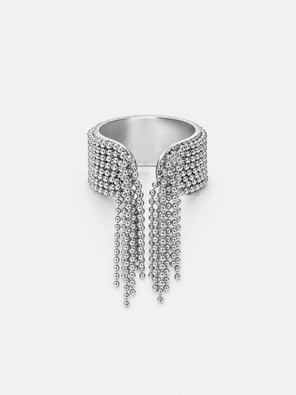 Danaë chain fringe ring in polished silver-tone finish with cascading ball-chain tassels