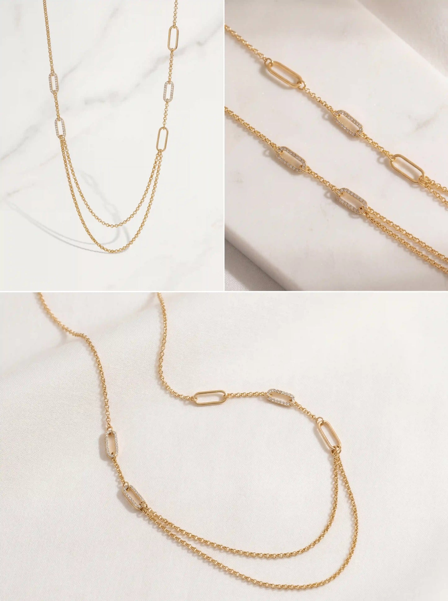 Aesthetic product photography collage of Daphne pave link layered necklace on white silk and stone.