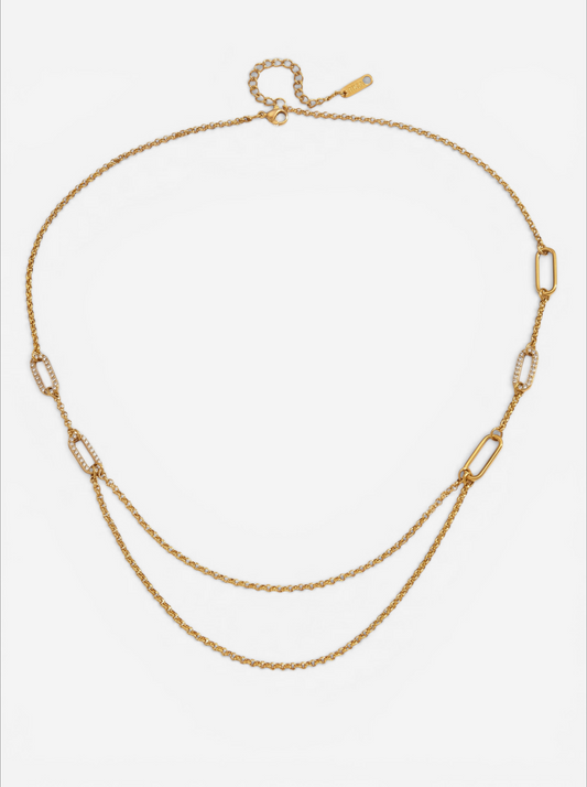 Gold double layer draped necklace with sparkling pave paperclip links waterproof stainless steel.