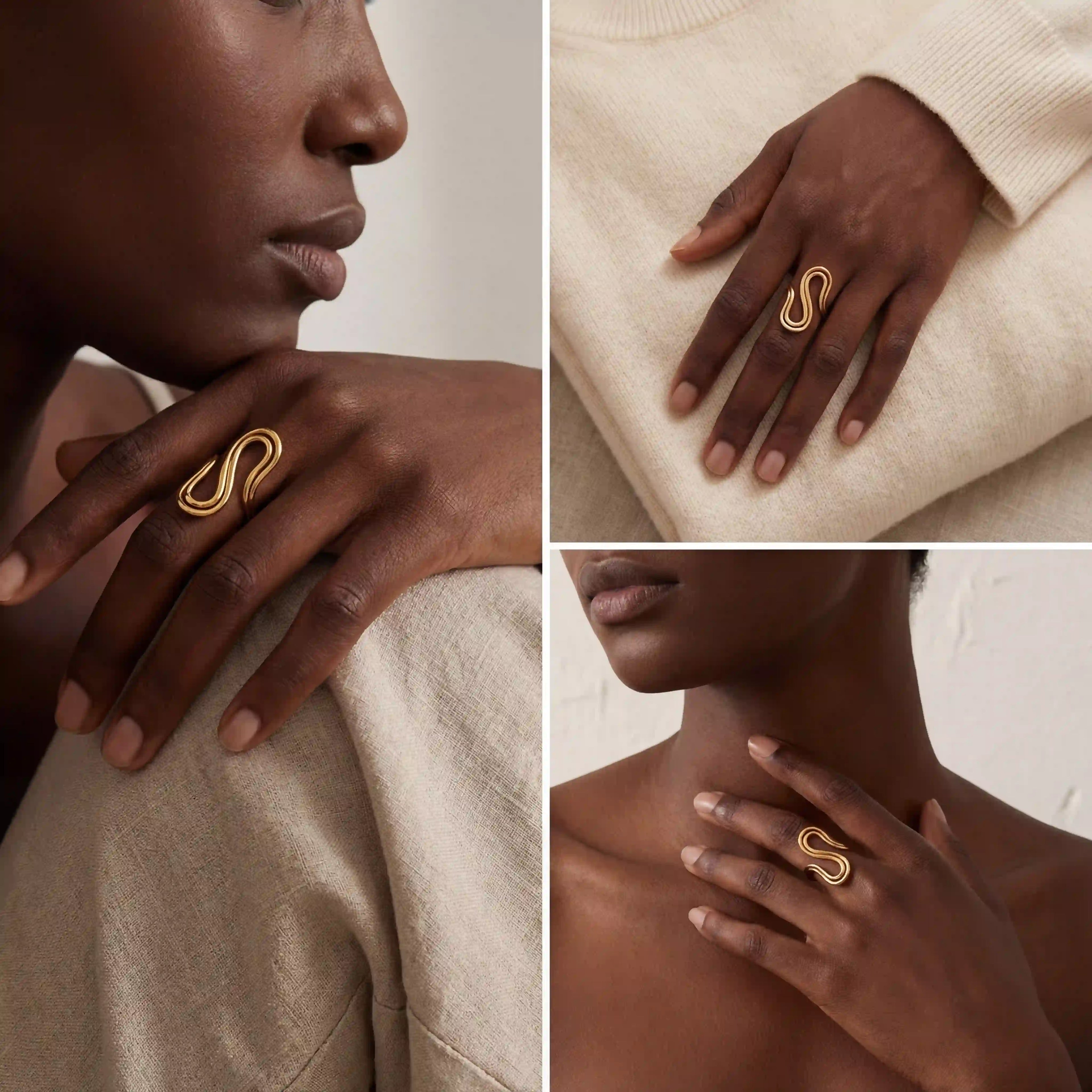 Fashion photography collage of gold abstract curve ring on black model.