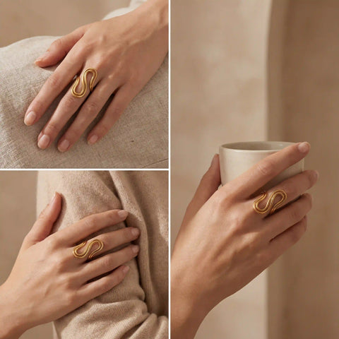 Lifestyle collage of woman wearing gold statement ring with coffee cup cozy vibe.