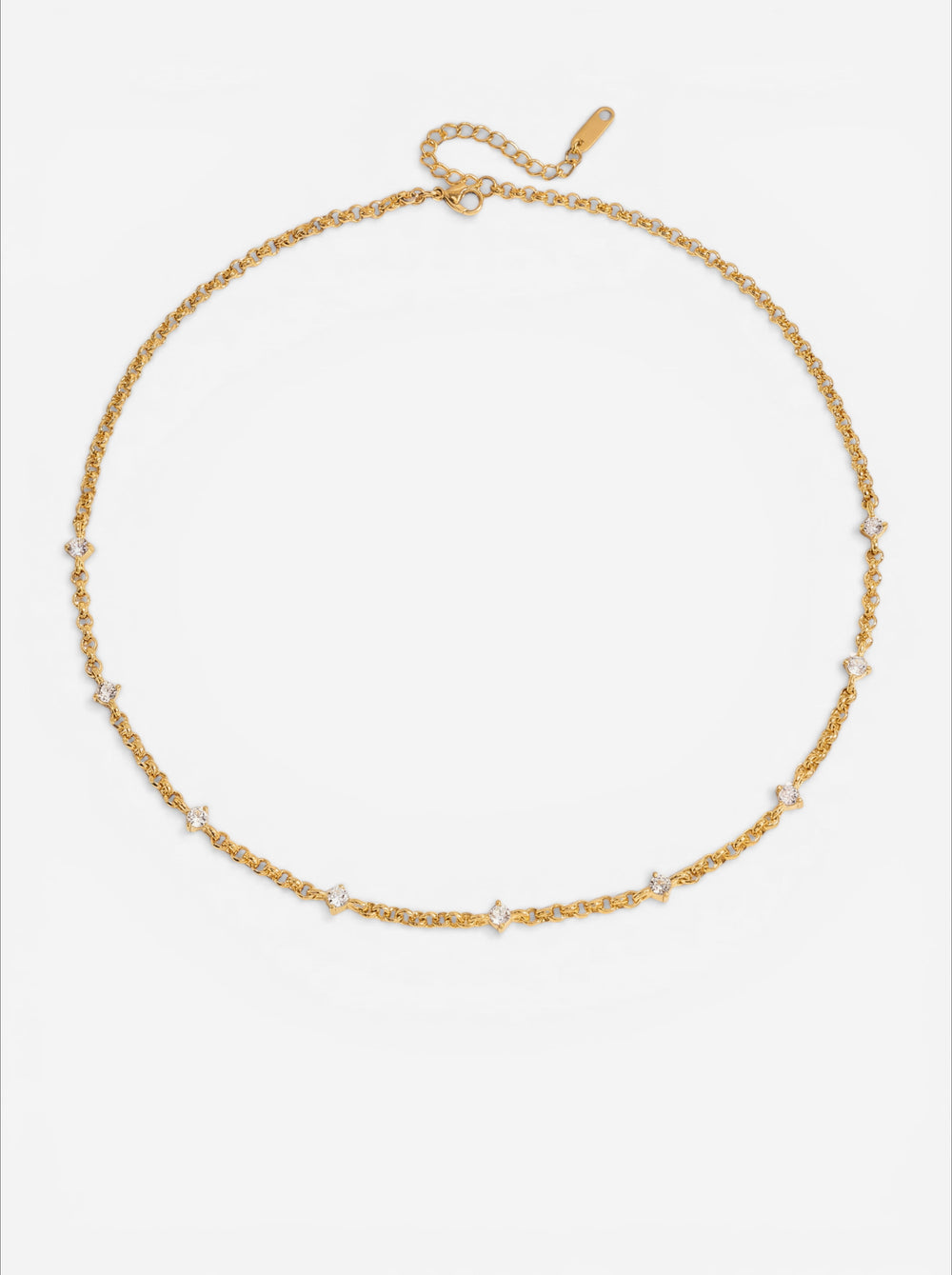 Gold dainty chain necklace with spaced crystal details waterproof stainless steel choker.