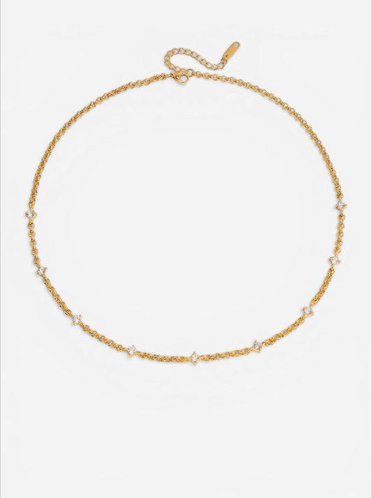 Gold dainty chain necklace with spaced crystal details waterproof stainless steel choker.
