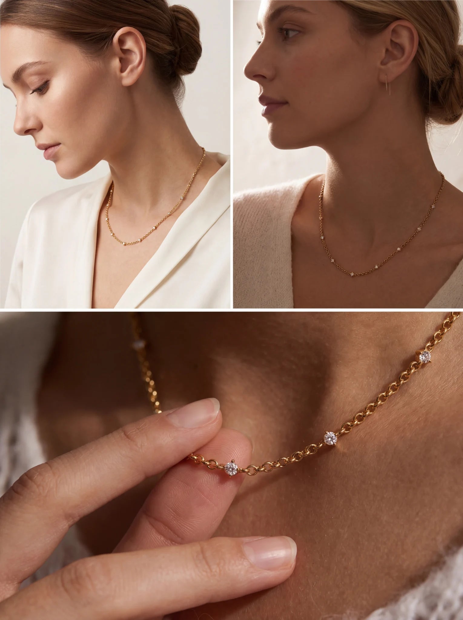 Collage of woman touching delicate gold chain necklace with small crystal drops everyday essential.