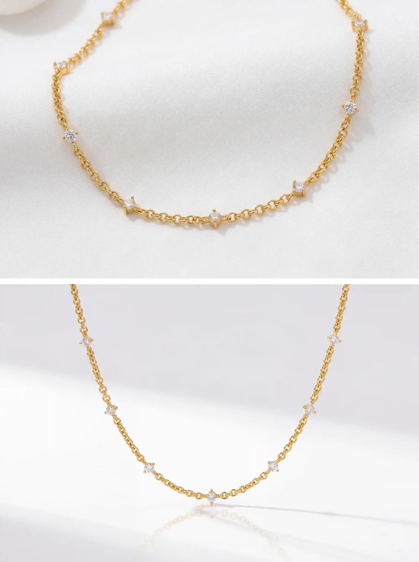 Aesthetic product photography details of dainty gold Elara station necklace on white stone display.