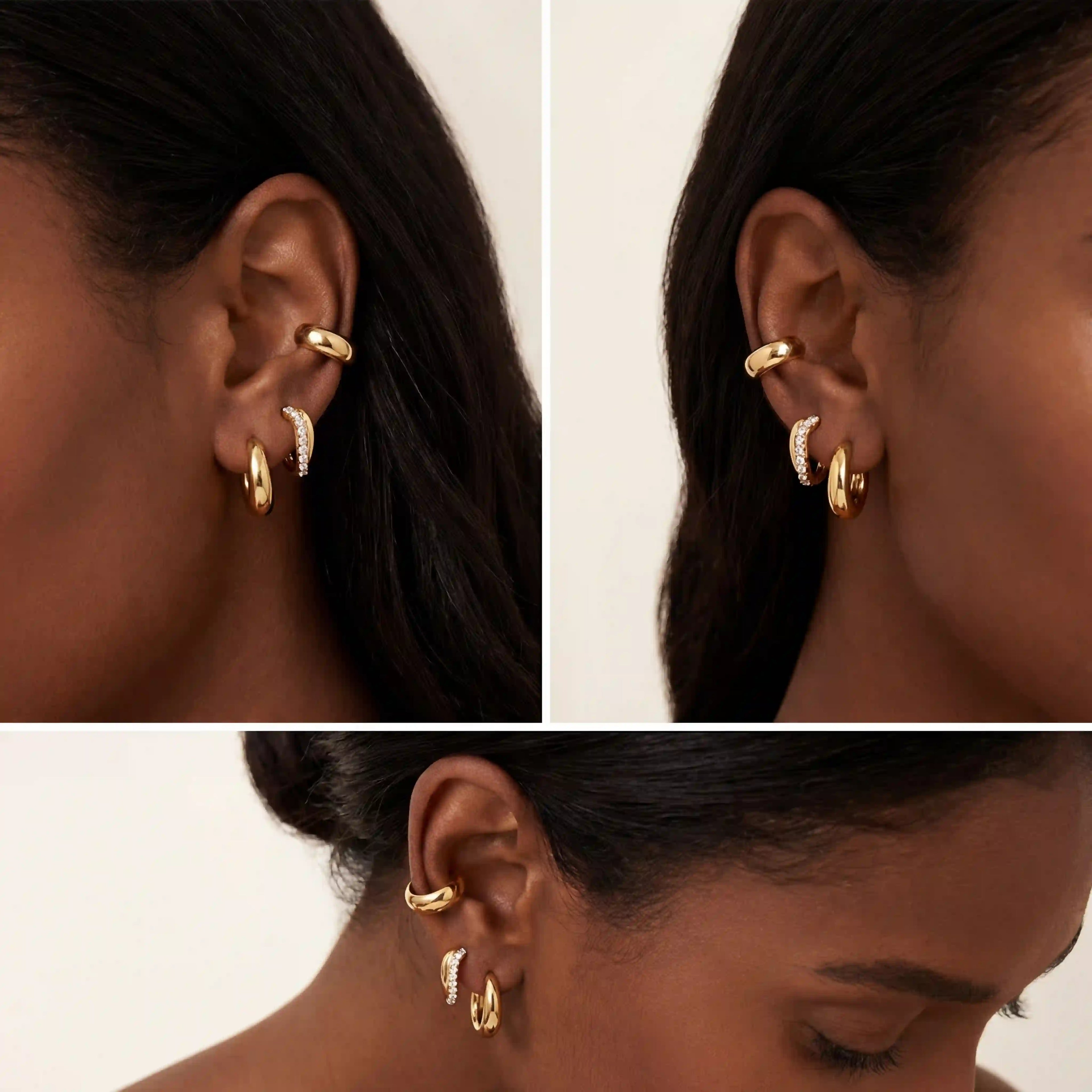 Model with dark skin styling gold chunky ear cuff stacked with hoop earrings.