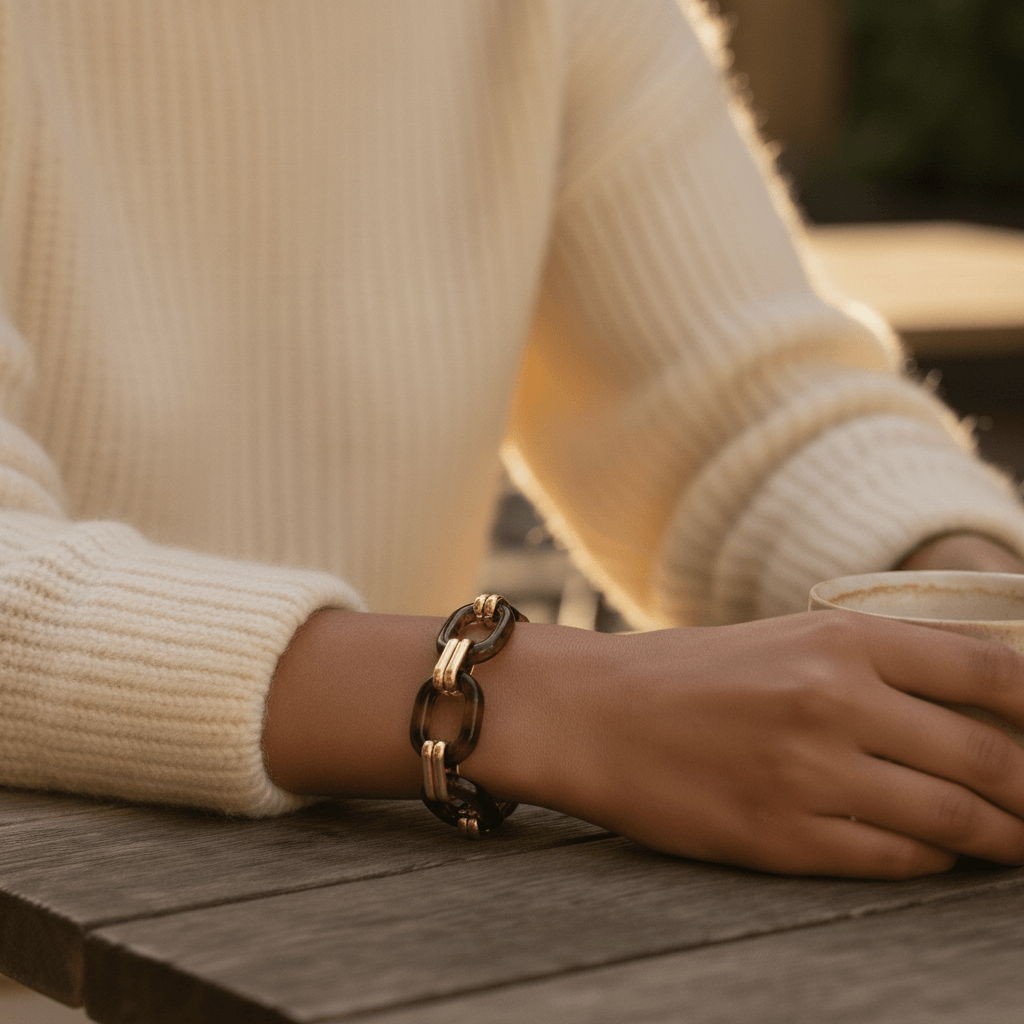 A detailed close-up of the Florence Link Bracelet on a woman's wrist, resting on a wooden table in the warm sunlight, highlighting its rich colors and textures.
