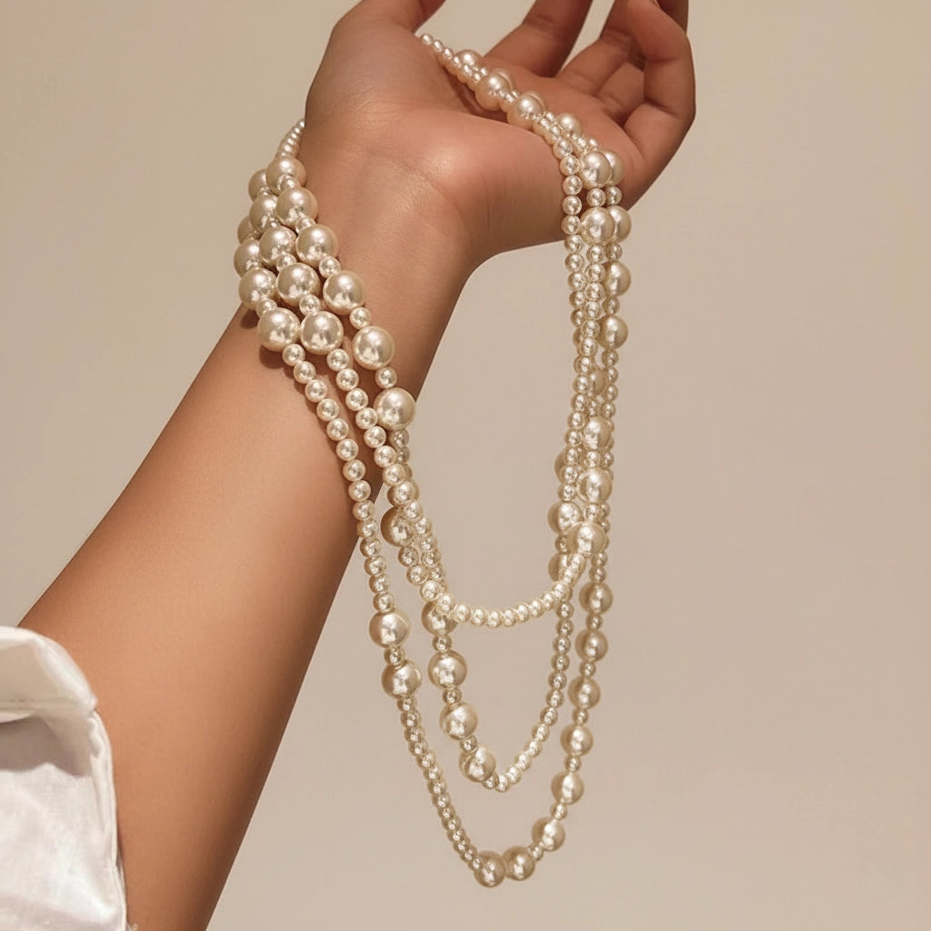 A model's hand holding the luxurious cascade of The Gabrielle Necklace, showcasing its opulent length and lustrous pearls.