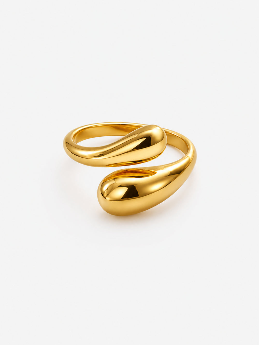 Gold Gemini Sculptural Teardrop Ring with an open bypass band and double teardrop ends