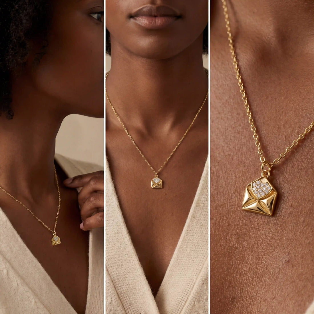 Model with dark skin styling romantic love letter necklace gift for girlfriend.