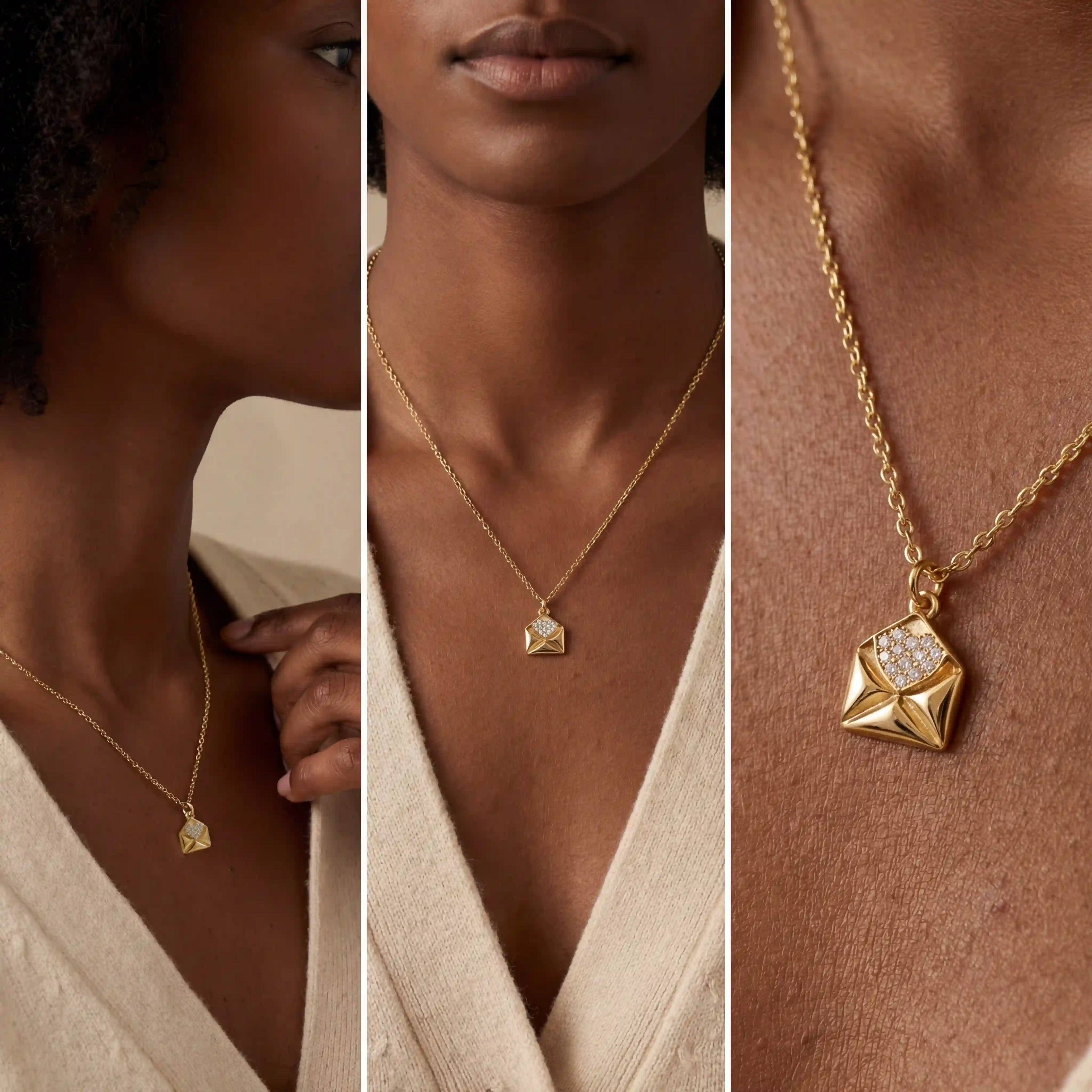 Model with dark skin styling romantic love letter necklace gift for girlfriend.