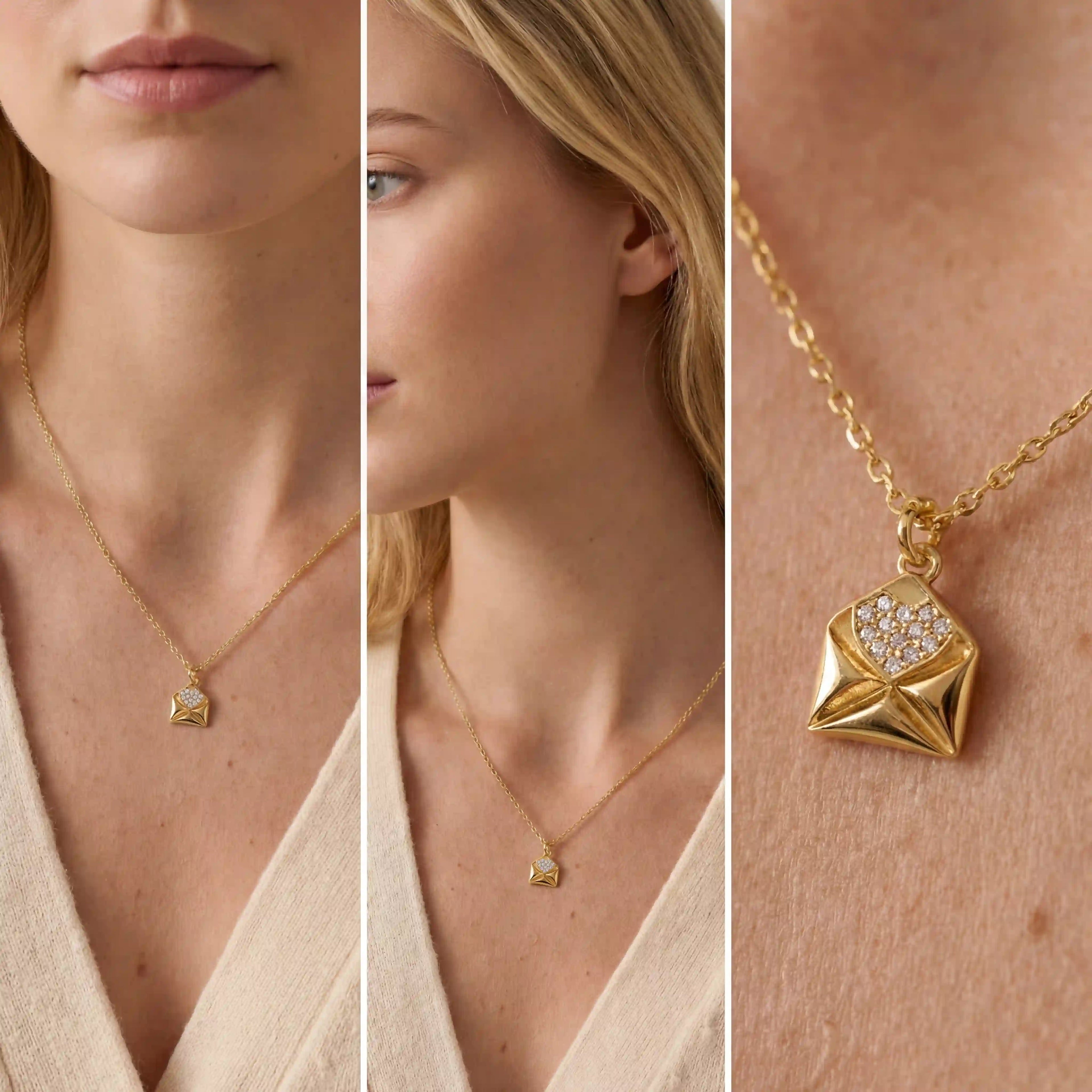 Lifestyle photography collage of blonde woman wearing dainty gold envelope necklace sentimental gift.