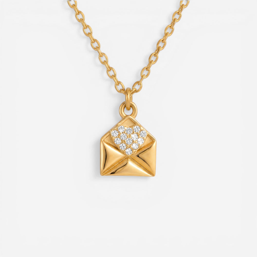 Gold envelope pendant necklace with pave crystal heart waterproof stainless steel jewelry.