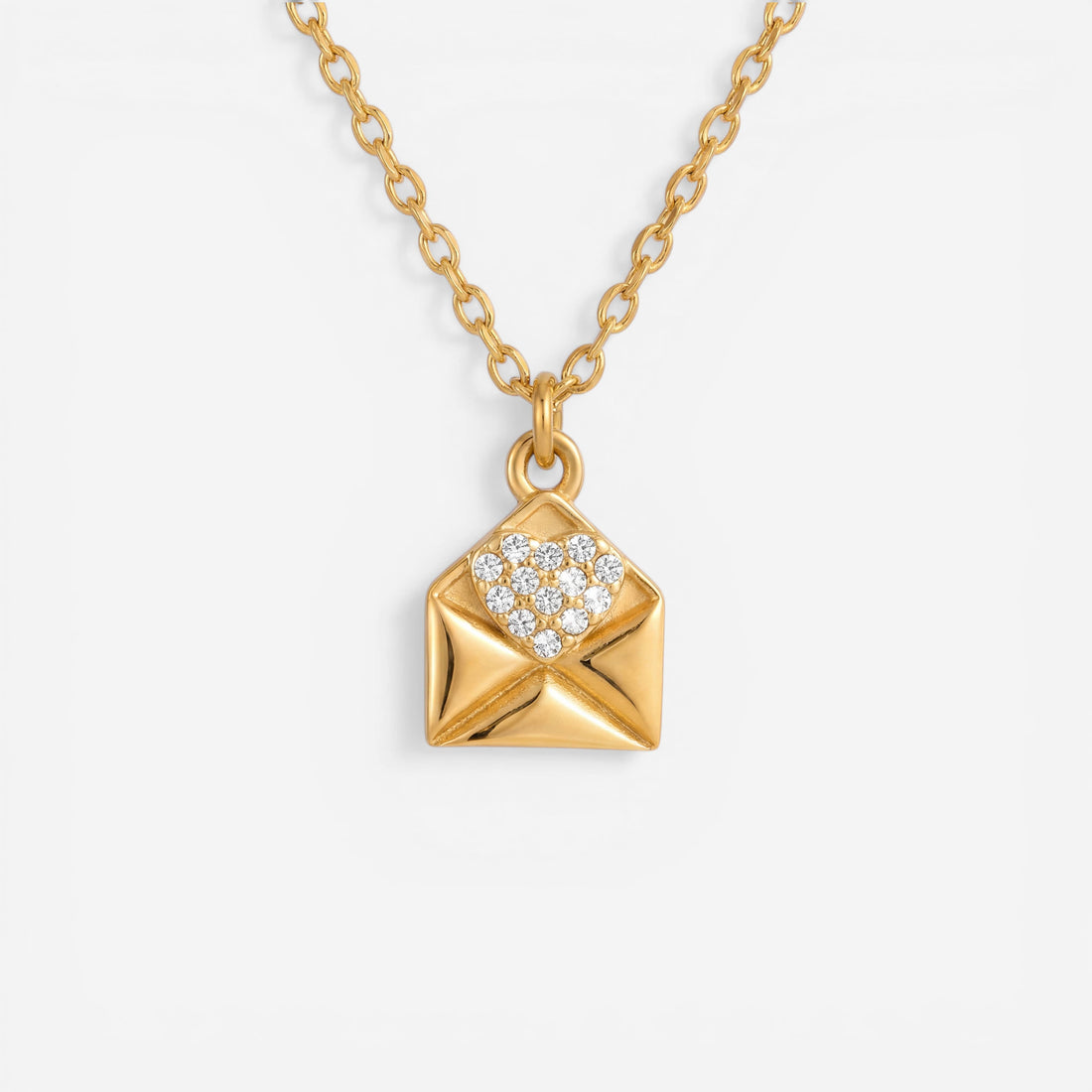 Gold envelope pendant necklace with pave crystal heart waterproof stainless steel jewelry.